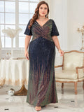 Women's 1-5XL Fashion Designer Surplice Neck Sequin Long Dresses (Plus Size)