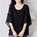 Women's 1-5XL Ruffle Chiffon Blouse Fashion Designer T-Shirts (Plus Size)-Women's Fashion Designer Plus Size Long-Sleeve Tops-International Women's Clothing