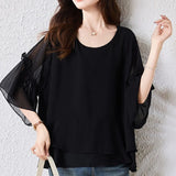Women's 1-5XL Ruffle Chiffon Blouse Fashion Designer T-Shirts (Plus Size)-Women's Fashion Designer Plus Size Long-Sleeve Tops-International Women's Clothing