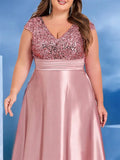 Women's 2-4XL A Line Sequin Fashion Designer Satin Long Dresses (Plus Size)