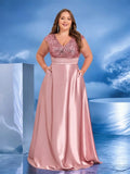 Women's 2-4XL A Line Sequin Fashion Designer Satin Long Dresses (Plus Size)