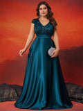 Women's 2-4XL A Line Sequin Fashion Designer Satin Long Dresses (Plus Size)