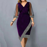 Women's 2-5XL Mesh Sleeve Fashion Designer Midi Dresses (Plus Size)-Women's Fashion Designer Plus Size Dresses-PURPLE-Women&#x27;s fashion designer plus size clothes