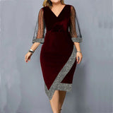 Women's 2-5XL Mesh Sleeve Fashion Designer Midi Dresses (Plus Size)-Women's Fashion Designer Plus Size Dresses-Burgundy-Women&#x27;s fashion designer plus size clothes