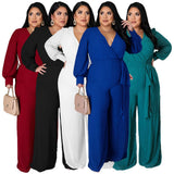 Women's Long Sleeve Designer Fashion Wrap Chest Jumpsuits (Plus Size)