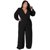 Women's Long Sleeve Designer Fashion Wrap Chest Jumpsuits (Plus Size)