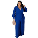 Women's Long Sleeve Designer Fashion Wrap Chest Jumpsuits (Plus Size)