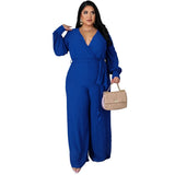 Women's Long Sleeve Designer Fashion Wrap Chest Jumpsuits (Plus Size)