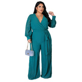 Women's Long Sleeve Designer Fashion Wrap Chest Jumpsuits (Plus Size)