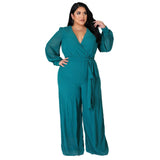 Women's Long Sleeve Designer Fashion Wrap Chest Jumpsuits (Plus Size)