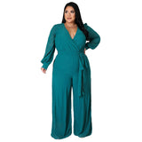 Women's Long Sleeve Designer Fashion Wrap Chest Jumpsuits (Plus Size)