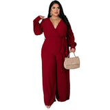 Women's Long Sleeve Designer Fashion Wrap Chest Jumpsuits (Plus Size)