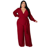 Women's Long Sleeve Designer Fashion Wrap Chest Jumpsuits (Plus Size)