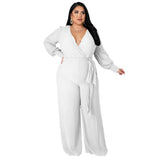 Women's Long Sleeve Designer Fashion Wrap Chest Jumpsuits (Plus Size)