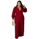 Women's Long Sleeve Designer Fashion Wrap Chest Jumpsuits (Plus Size)