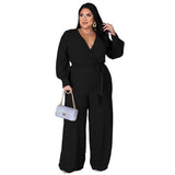 Women's Long Sleeve Designer Fashion Wrap Chest Jumpsuits (Plus Size)