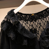 Women's 7-9XL Ruffled Trim Fashion Designer Lace Blouse Long-Sleeve Tops (Plus Size)