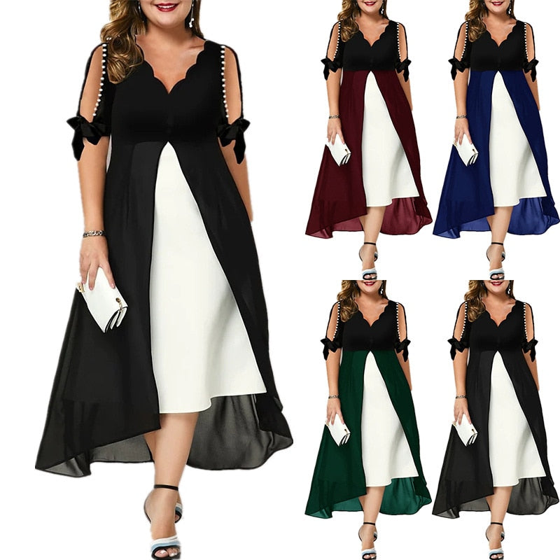 Women's A-Line Fashion Designer Mesh Overlay Midi Dresses (Plus Size)