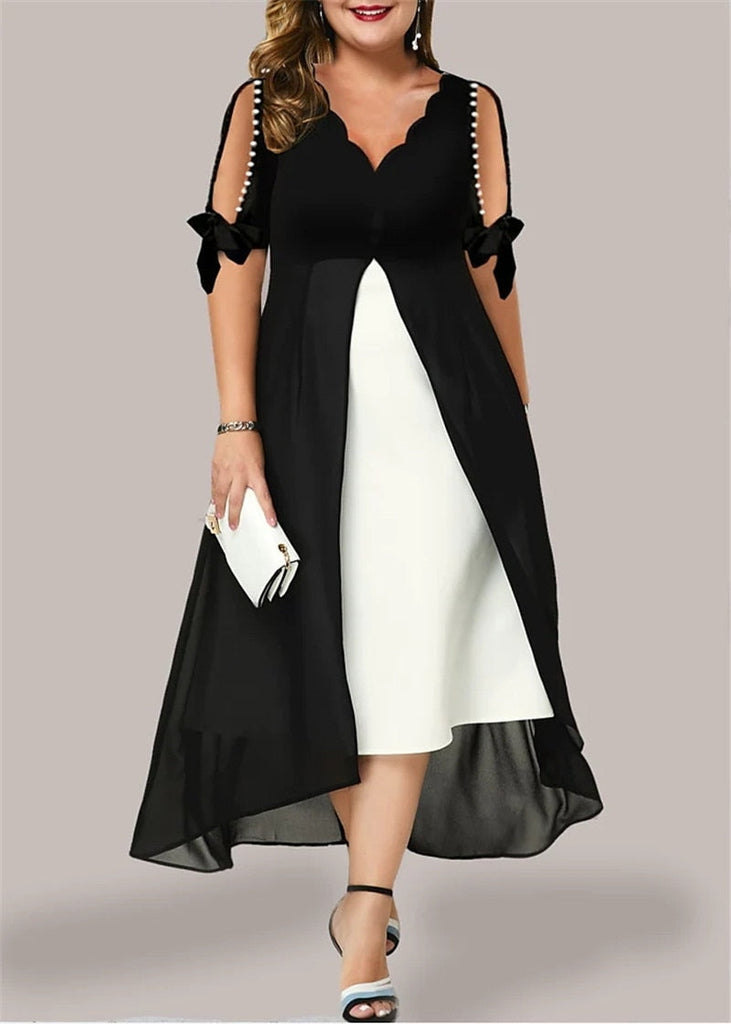 Women's A-Line Fashion Designer Mesh Overlay Midi Dresses (Plus Size)