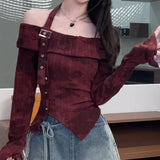 Women's Asymmetrical Buckle Blouse Fashion S-XL Long-Sleeve Tops