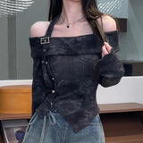 Women's Asymmetrical Buckle Blouse Fashion S-XL Long-Sleeve Tops