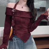 Women's Asymmetrical Buckle Blouse Fashion S-XL Long-Sleeve Tops