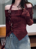 Women's Asymmetrical Buckle Blouse Fashion S-XL Long-Sleeve Tops