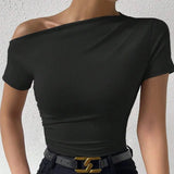 Women's Asymmetrical Off Shoulder Fashion Designer Crop Top T-Shirts