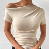 Women's Asymmetrical Off Shoulder Fashion Designer Crop Top T-Shirts