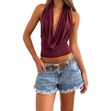 Women's Backless Crop Tank Tops Fashion Designer Ruched S-L Singlets