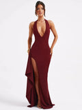 Women's Backless Fashion Designer High Ruffled Split Dresses (Long)-Women's Fashion Designer Dresses