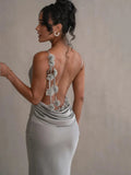 Women's Backless Floral Fashion Designer Plunged Dresses (Long)-Women's Fashion Designer Dresses
