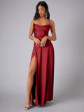 Women's Backless Prom Satin Split Fashion Designer Dresses (Long)