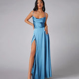 Women's Backless Prom Satin Split Fashion Designer Dresses (Long)