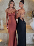 Women's Deep V-Neck S-L Fashion Designer Cocktail Satin Dresses (Long)-Women's Fashion Designer Dresses-International Women's Clothing