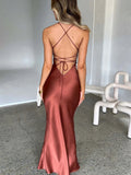 Women's Deep V-Neck S-L Fashion Designer Cocktail Satin Dresses (Long)-Women's Fashion Designer Dresses-International Women's Clothing