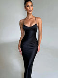 Women's Deep V-Neck S-L Fashion Designer Cocktail Satin Dresses (Long)-Women's Fashion Designer Dresses-International Women's Clothing