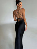 Women's Deep V-Neck S-L Fashion Designer Cocktail Satin Dresses (Long)-Women's Fashion Designer Dresses-International Women's Clothing