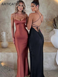 Women's Deep V-Neck S-L Fashion Designer Cocktail Satin Dresses (Long)-Women's Fashion Designer Dresses-International Women's Clothing