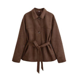 Women's Belted Button Fashion Designer Faux Suede Jackets-Women's Fashion Designer Jackets