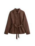 Women's Belted Button Fashion Designer Faux Suede Jackets-Women's Fashion Designer Jackets