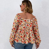 Women's Blouse 1-8XL Fashion Designer Square Neck Long-Sleeve Tops (Plus Size)-Women's Fashion Designer Plus Size Long-Sleeve Tops-International Women's Clothing