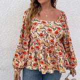 Women's Blouse 1-8XL Fashion Designer Square Neck Long-Sleeve Tops (Plus Size)-Women's Fashion Designer Plus Size Long-Sleeve Tops-International Women's Clothing