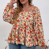 Women's Blouse 1-8XL Fashion Designer Square Neck Long-Sleeve Tops (Plus Size)-Women's Fashion Designer Plus Size Long-Sleeve Tops-International Women's Clothing