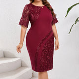 Women's Bodycon 3-6XL Fashion Designer Lace Midi Dresses (Plus Size)-Women's Fashion Designer Plus Size Dresses-Burgundy-Women&#x27;s fashion designer plus size clothes