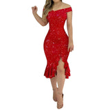 Women's Bodycon Sequin Fashion Designer Ruffled Trim Dresses (Midi)