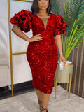 Women's Bodycon Sequin Fashion Designer Satin Sleeve Midi Dresses (Plus Size)