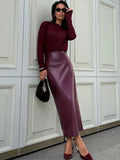 Women's Burgundy Fashion Designer PU Leather Skirts (Long)-Women's Fashion Designer Skirts