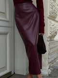 Women's Burgundy Fashion Designer PU Leather Skirts (Long)-Women's Fashion Designer Skirts