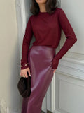 Women's Burgundy Fashion Designer PU Leather Skirts (Long)-Women's Fashion Designer Skirts